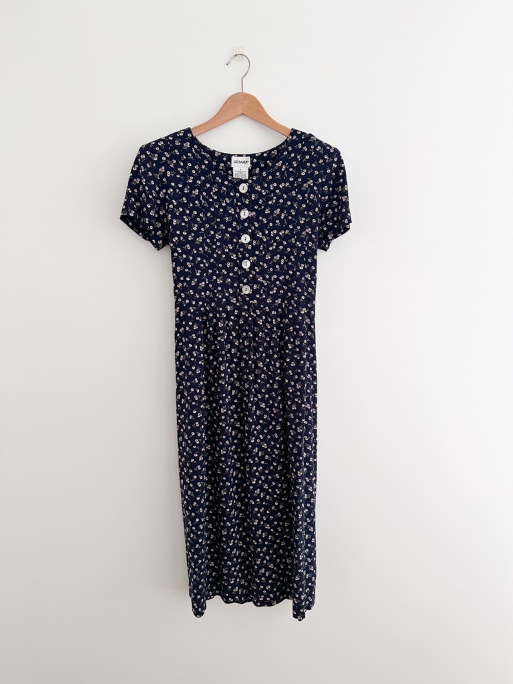 Vintage Navy Floral Button-Front Midi Dress